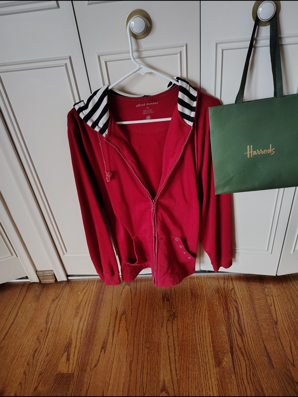 Alfred Dunner Red Zip Hoodie with Black & White Striped Hood